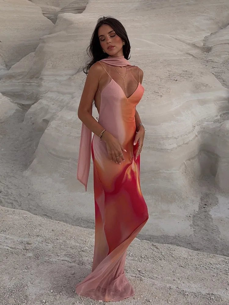 Octavia Open-Back Ombre Satin Dress