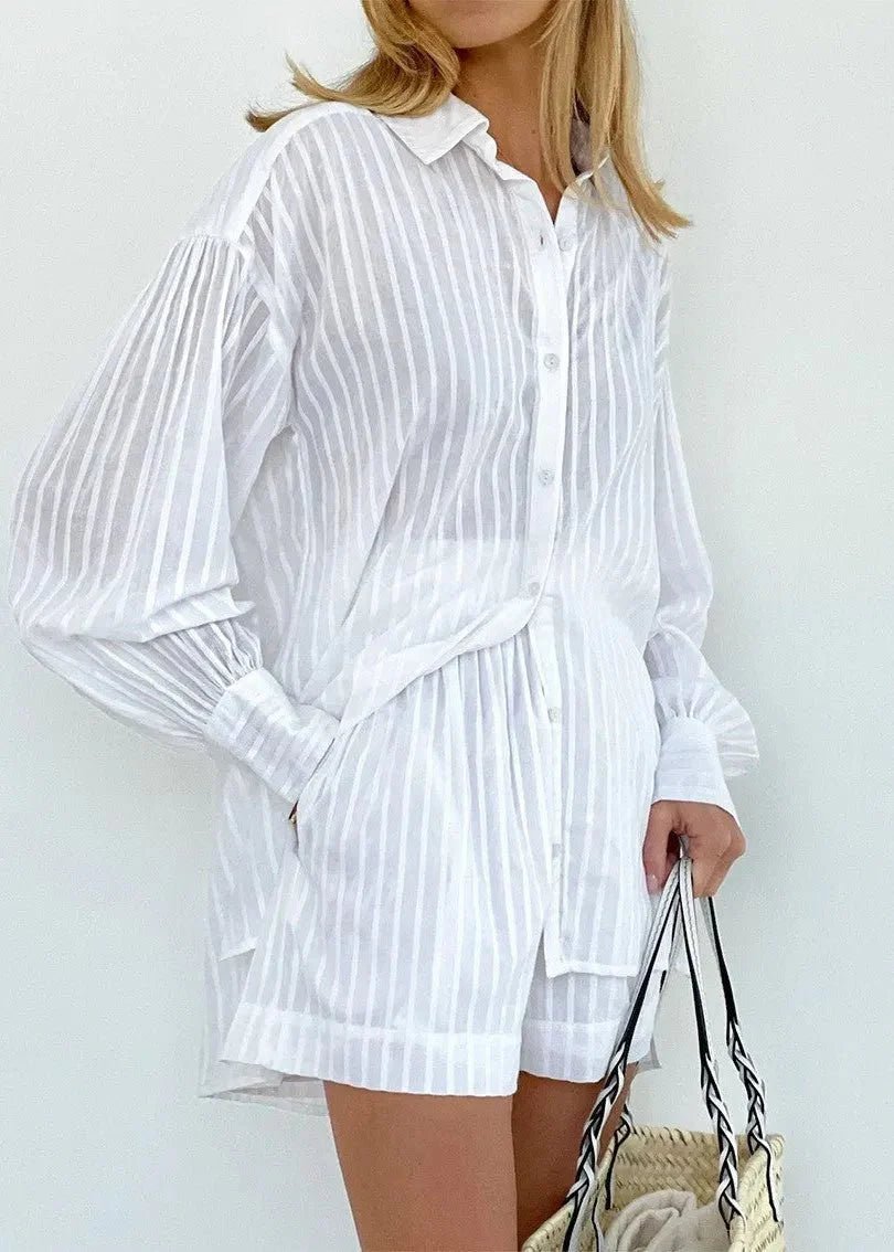 Rinaya Striped Cotton Shirt and Shorts Set
