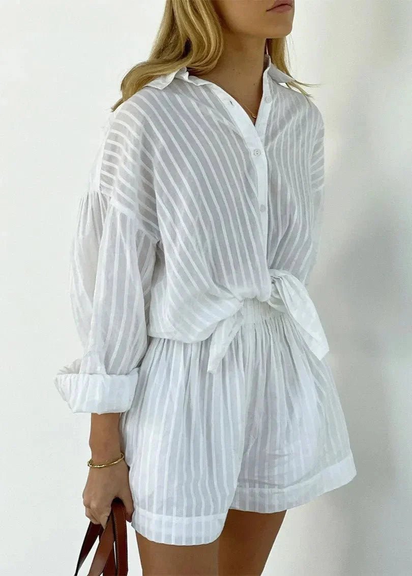 Rinaya Striped Cotton Shirt and Shorts Set