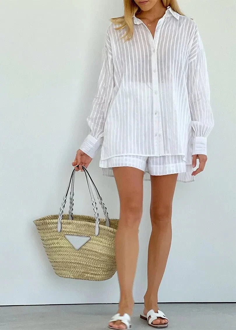 Rinaya Striped Cotton Shirt and Shorts Set