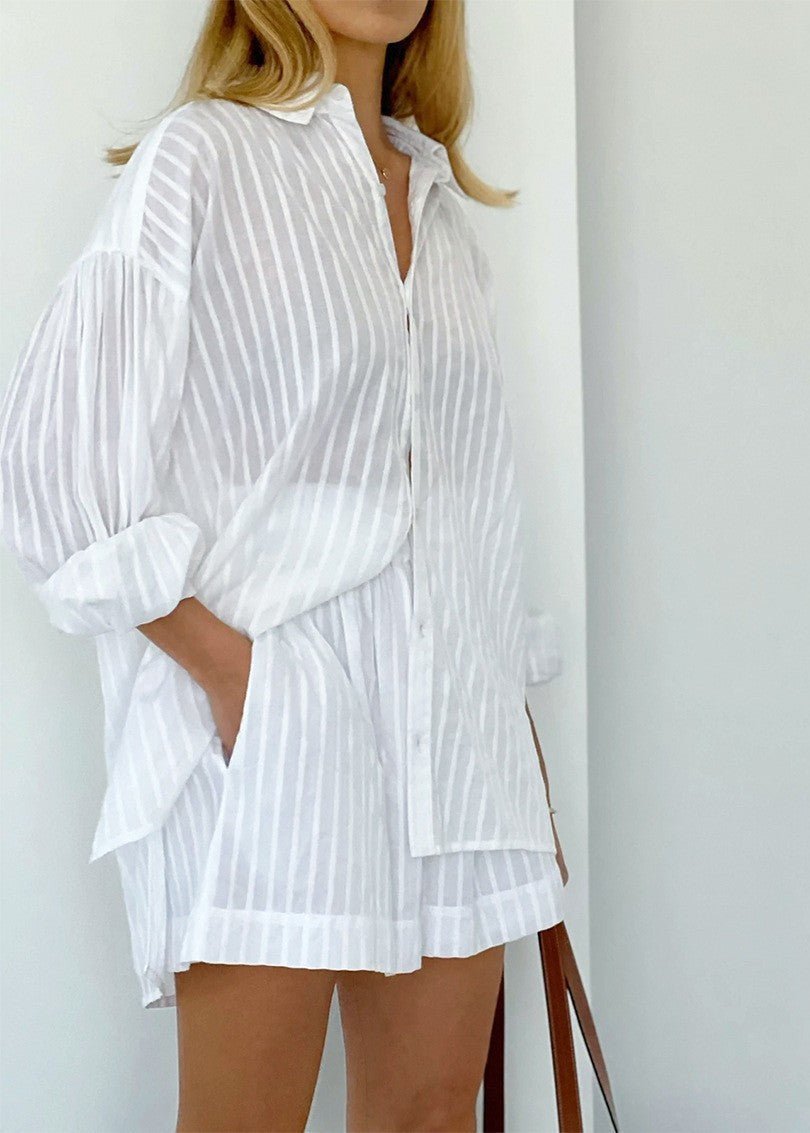 Rinaya Striped Cotton Shirt and Shorts Set