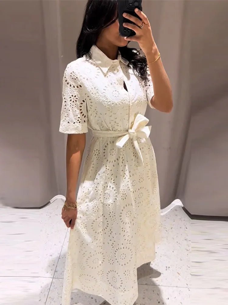 Rosie Embroidered Belted Midi Dress