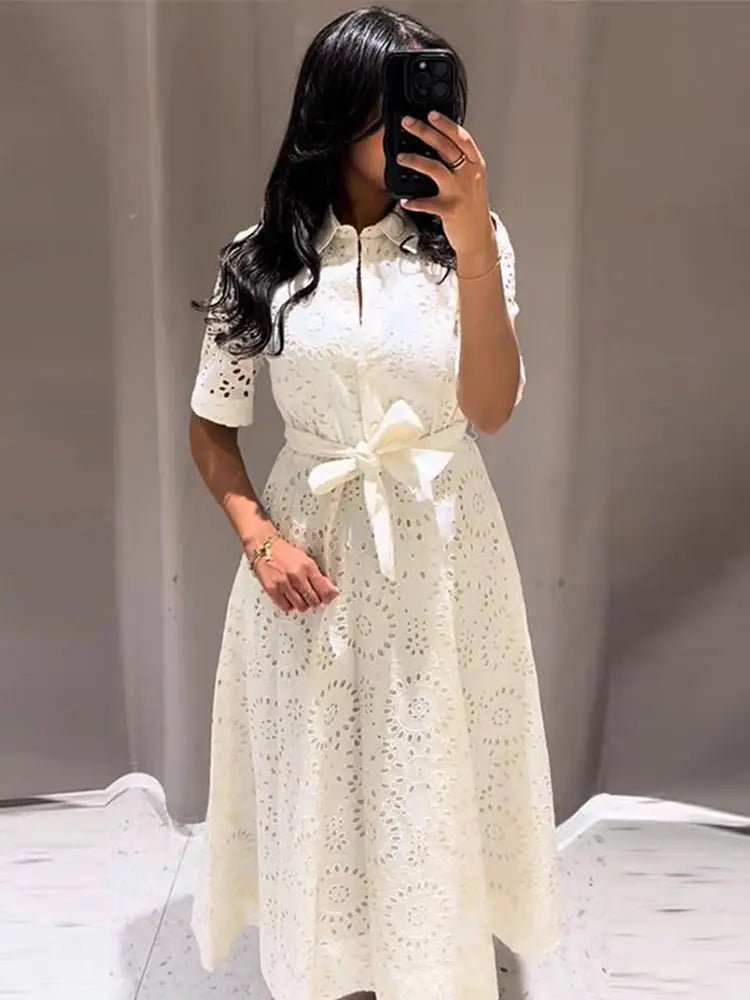 Rosie Embroidered Belted Midi Dress