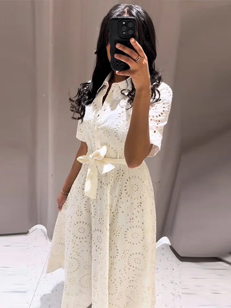 Rosie Embroidered Belted Midi Dress