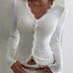 Sabine Ribbed Lace Trim V-Neck Blouse