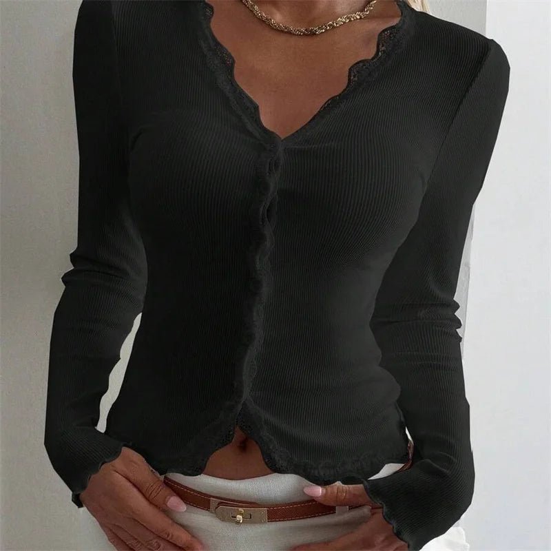 Sabine Ribbed Lace Trim V-Neck Blouse