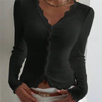 Sabine Ribbed Lace Trim V-Neck Blouse