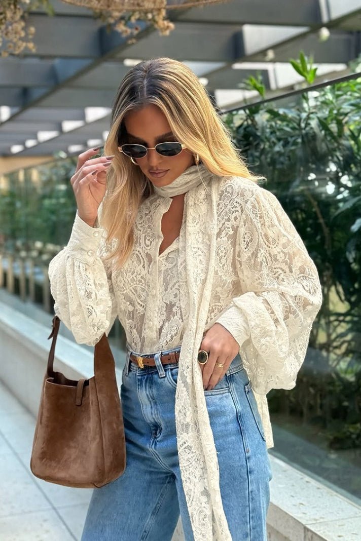 Sandrine Sheer Lace Tie Blouse