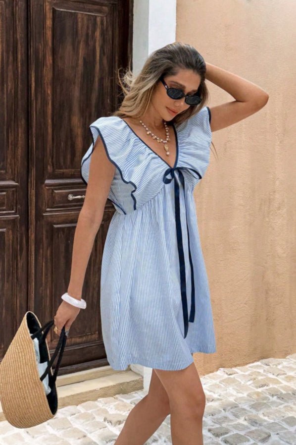 Saoirse Striped V-Neck Ruffle Mini Dress
