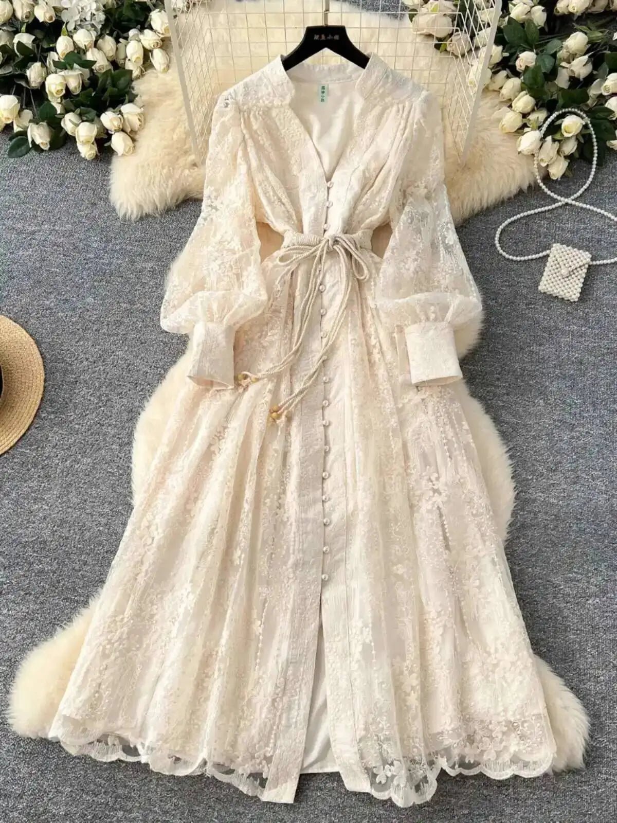 Aghavni Embroidered Pearl Midi Dress