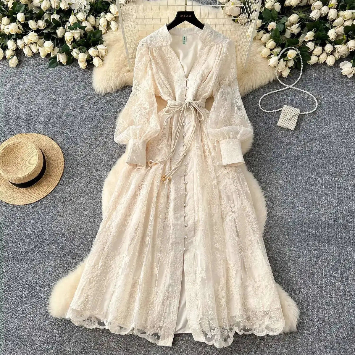 Aghavni Embroidered Pearl Midi Dress