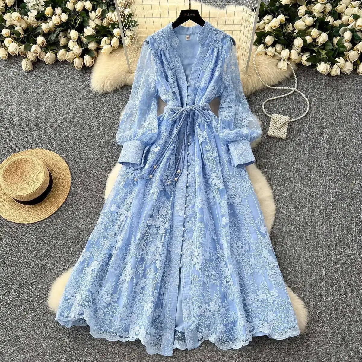 Aghavni Embroidered Pearl Midi Dress