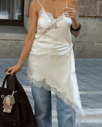 Melissa Asymmetric Satin Lace Midi Dress