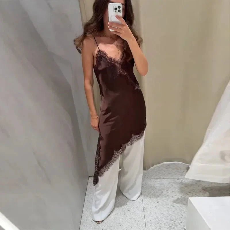 Melissa Asymmetric Satin Lace Midi Dress