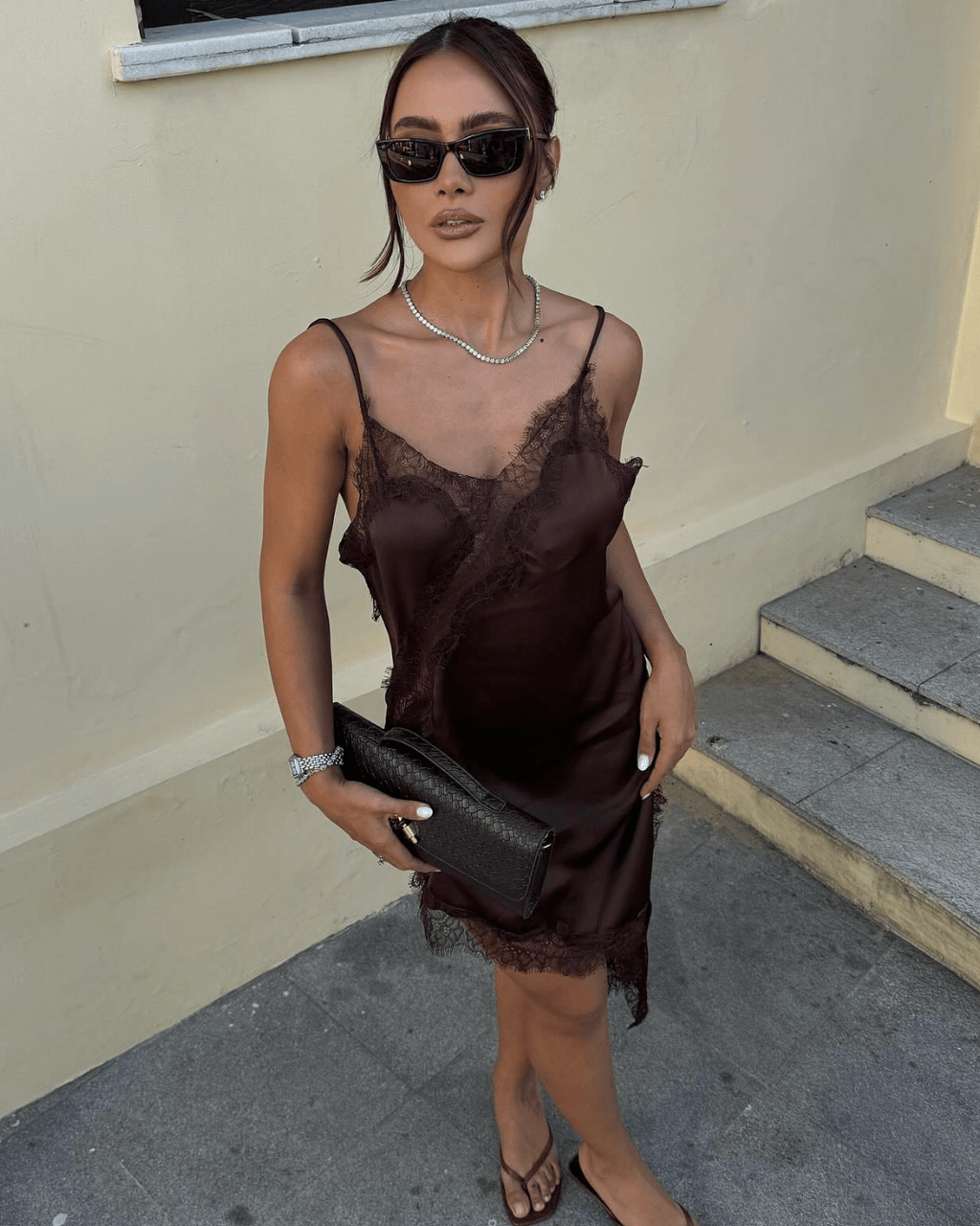 Melissa Asymmetric Satin Lace Midi Dress