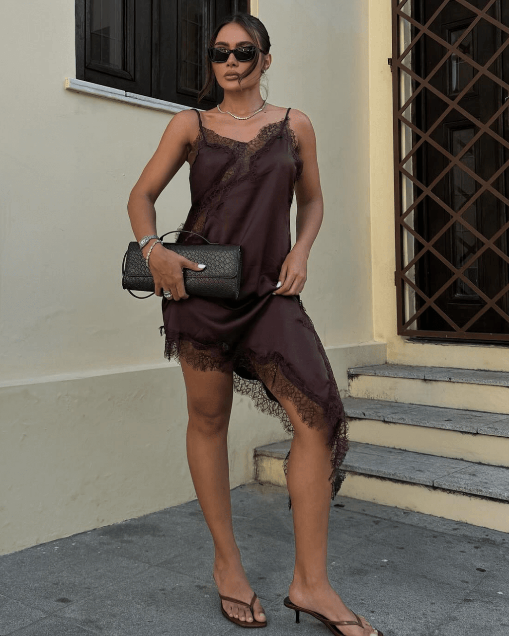 Melissa Asymmetric Satin Lace Midi Dress
