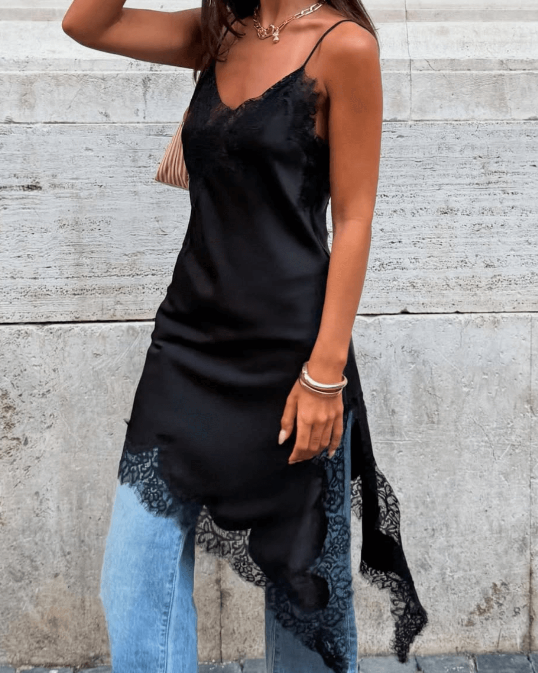 Melissa Asymmetric Satin Lace Midi Dress