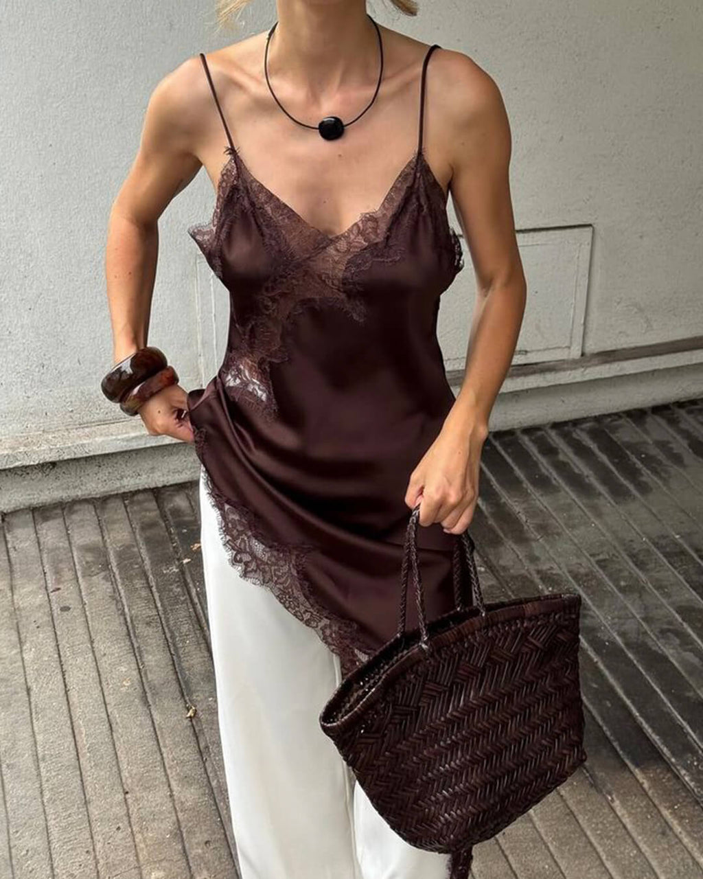 Melissa Asymmetric Satin Lace Midi Dress