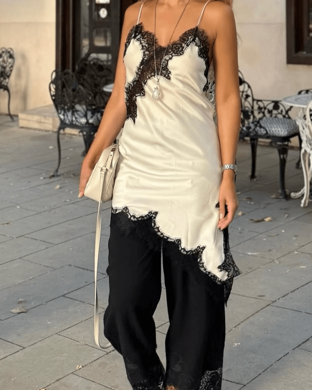 Melissa Asymmetric Satin Lace Midi Dress