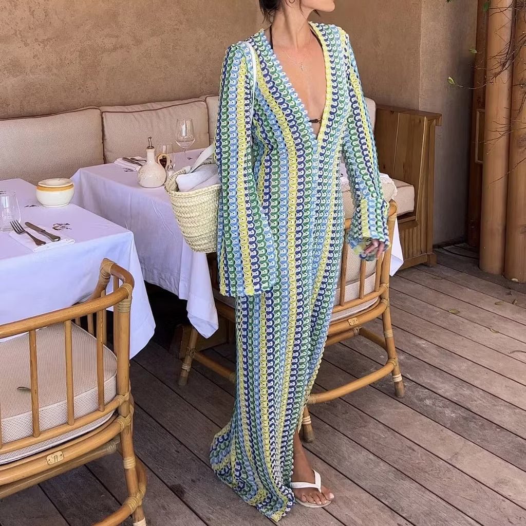Claudia Crochet Stripe Flare Sleeve Maxi Dress
