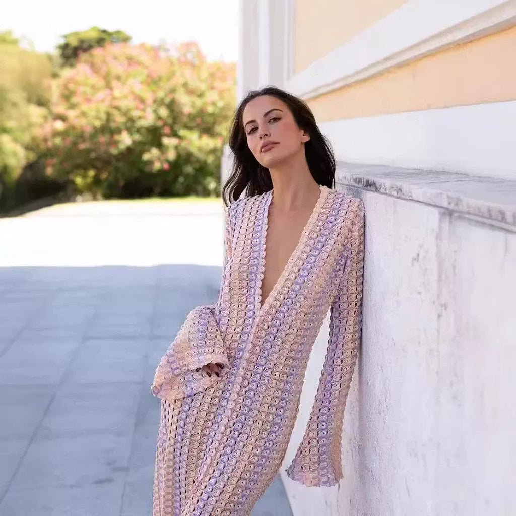 Claudia Crochet Stripe Flare Sleeve Maxi Dress