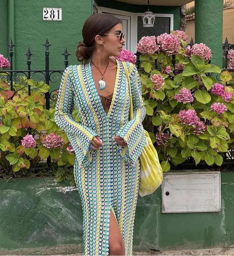 Claudia Crochet Stripe Flare Sleeve Maxi Dress
