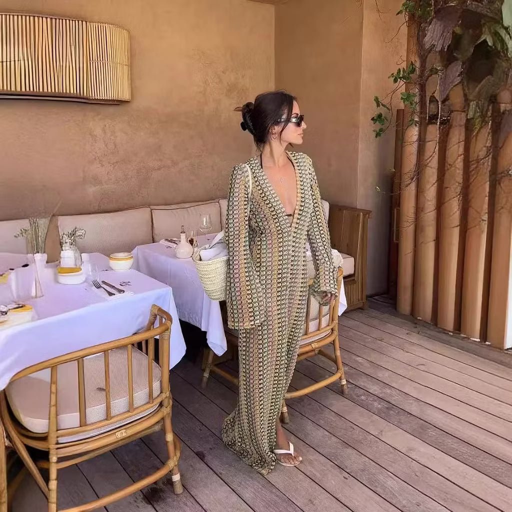 Claudia Crochet Stripe Flare Sleeve Maxi Dress
