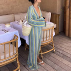 Claudia Crochet Stripe Flare Sleeve Maxi Dress