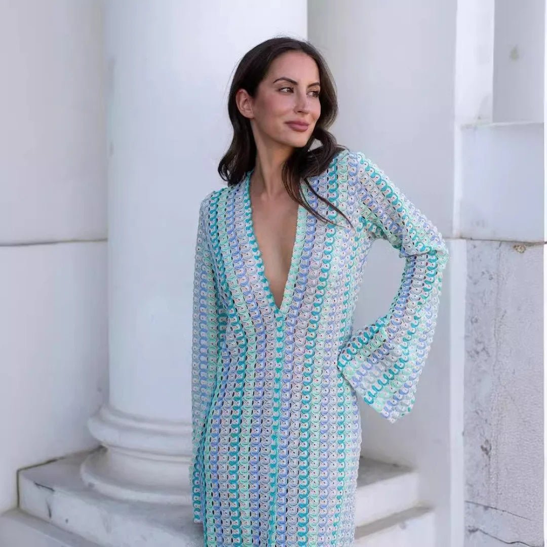 Claudia Crochet Stripe Flare Sleeve Maxi Dress