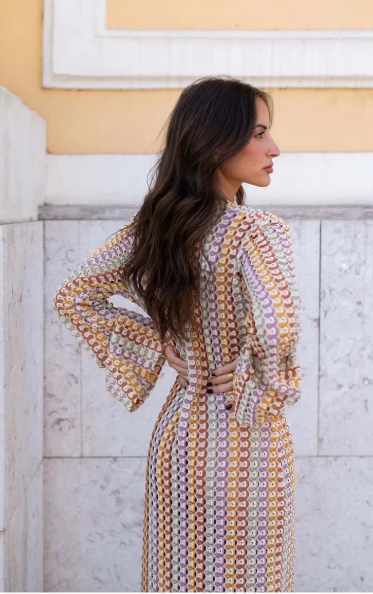 Claudia Crochet Stripe Flare Sleeve Maxi Dress