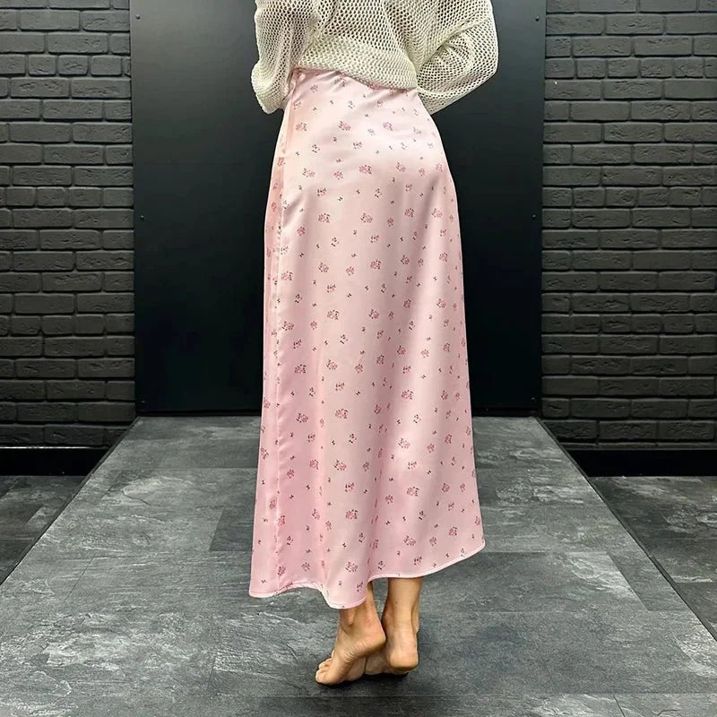 Sabrina High Waist Satin Printed Midi Skirt