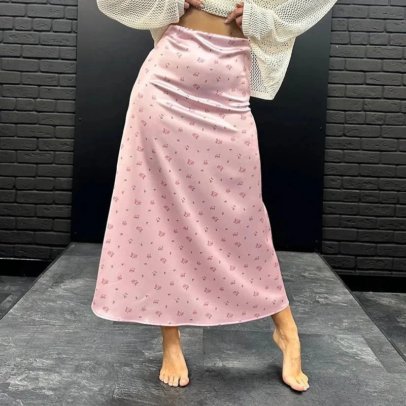 Sabrina High Waist Satin Printed Midi Skirt