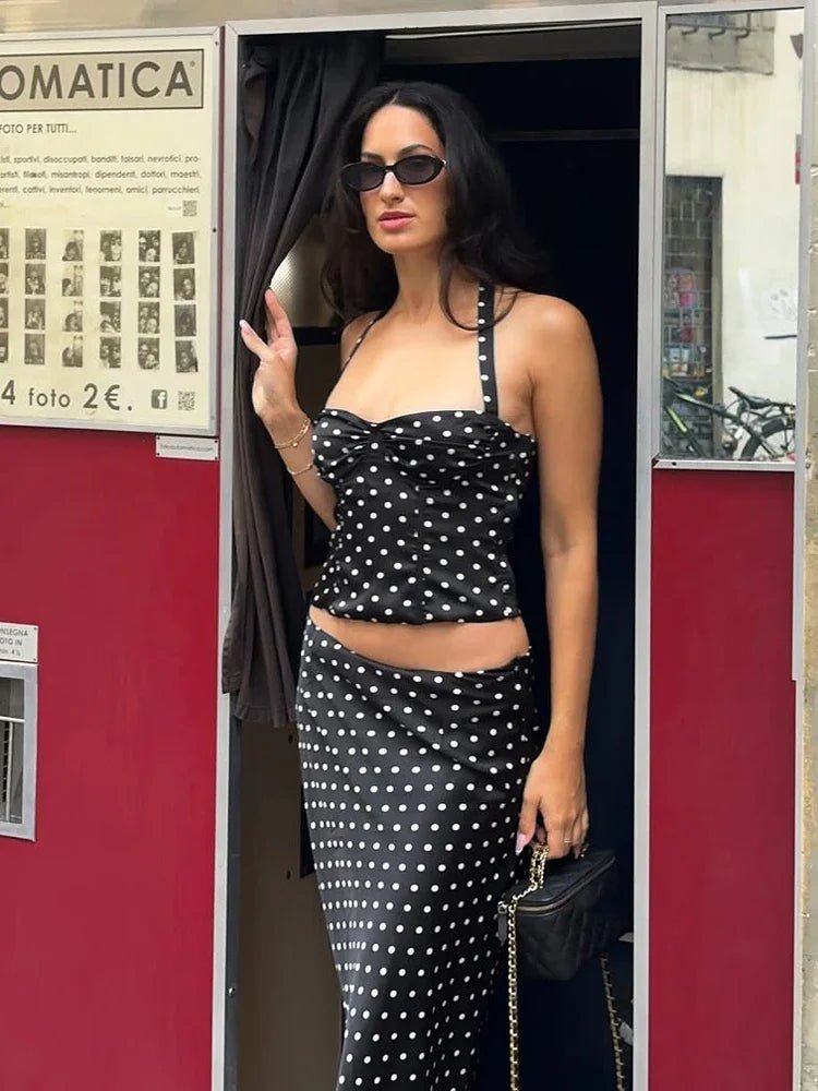 Una Polka Dot Halter Crop Top Maxi Skirt Set