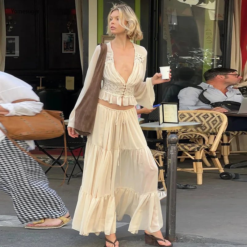 Vittoria Lace V-Neck Maxi Skirt Set