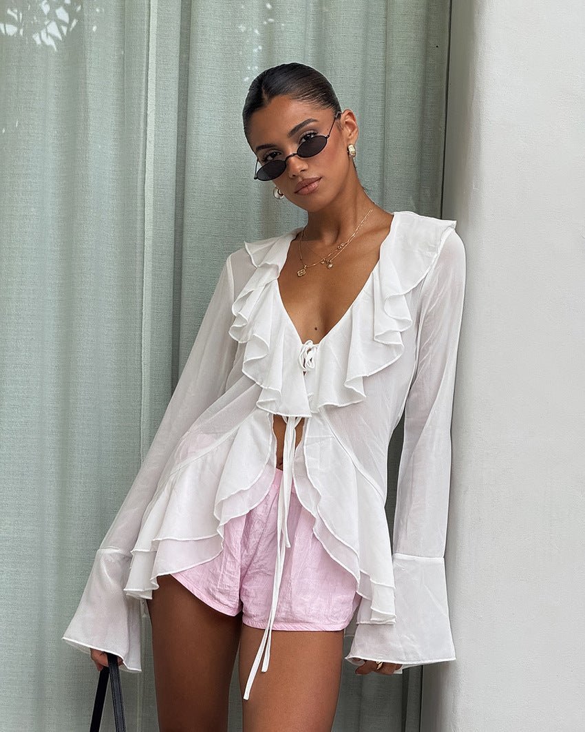 Melanie Ruffled Deep Neck Top
