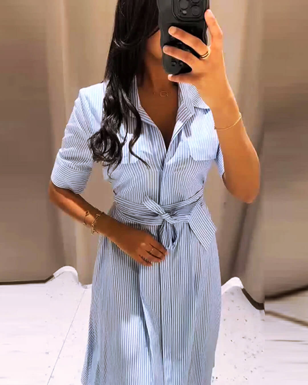 Winona Striped Lace-Up Collar Maxi Dress