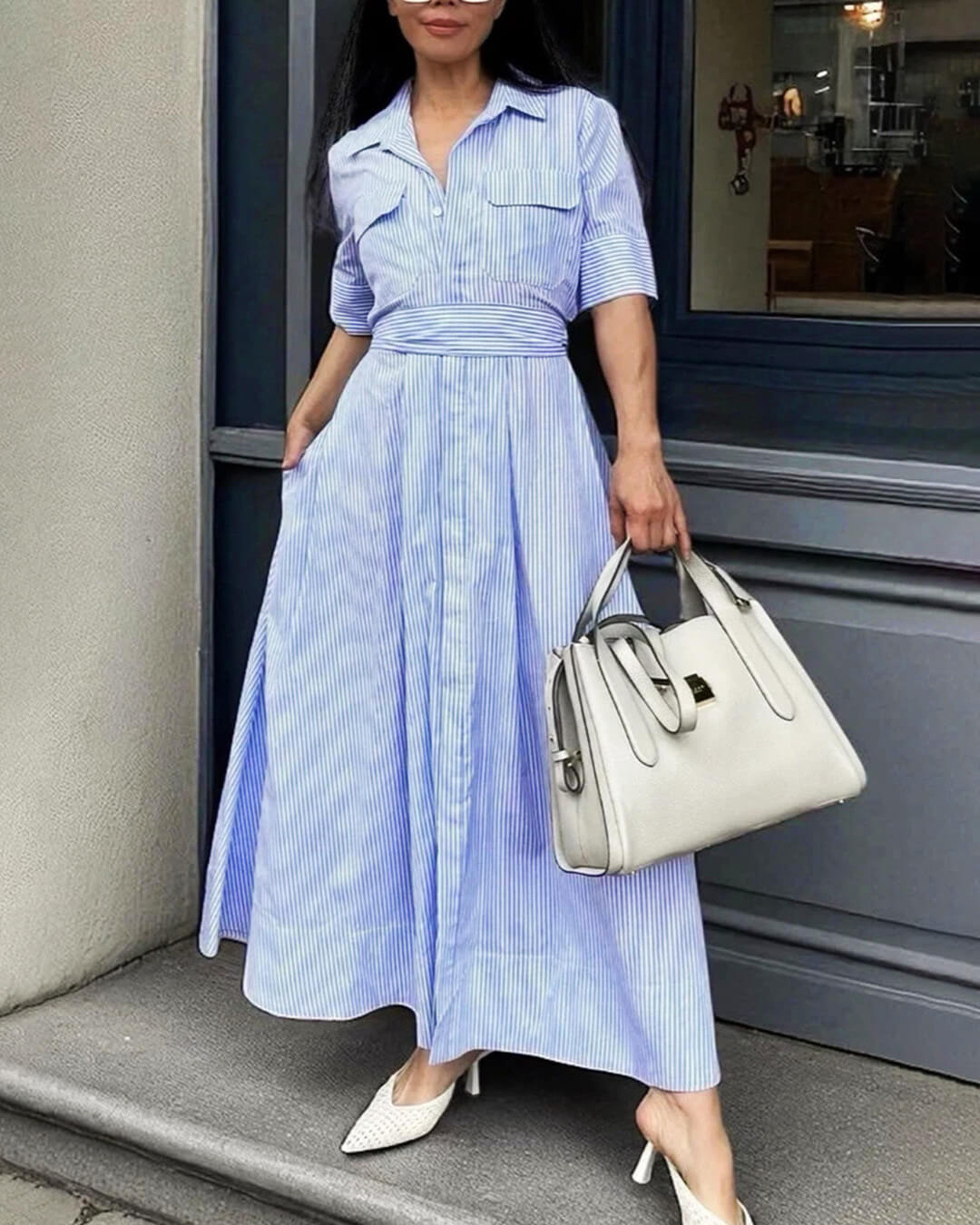 Winona Striped Lace-Up Collar Maxi Dress