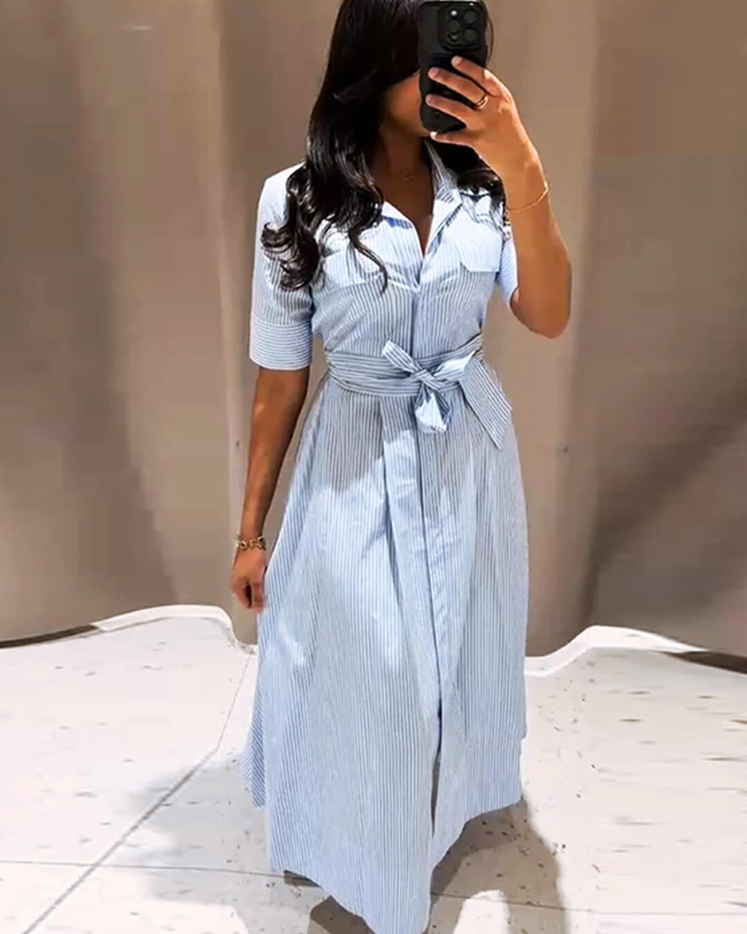 Winona Striped Lace-Up Collar Maxi Dress