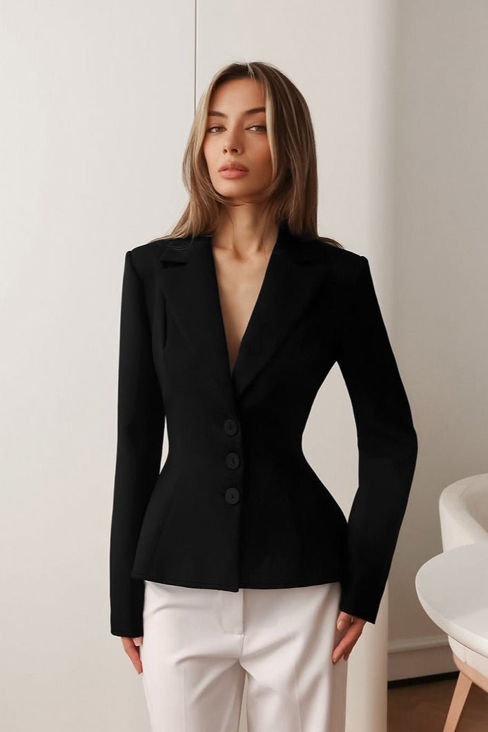 Yui Fitted V-Neck Padded Shoulder Blazer
